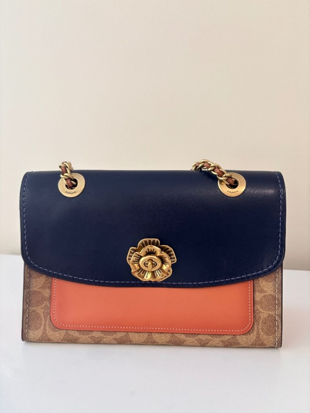 Coach Parker Shoulder Bag with Tea Rose Turnlock in Colorblock Signature Canvas